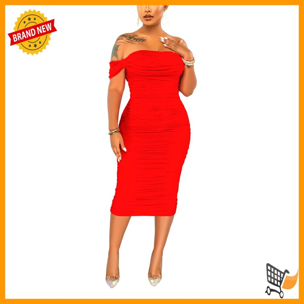 Off Shoulder Bodycon Midi Dress, Ruched Cocktail Party Evening Gown